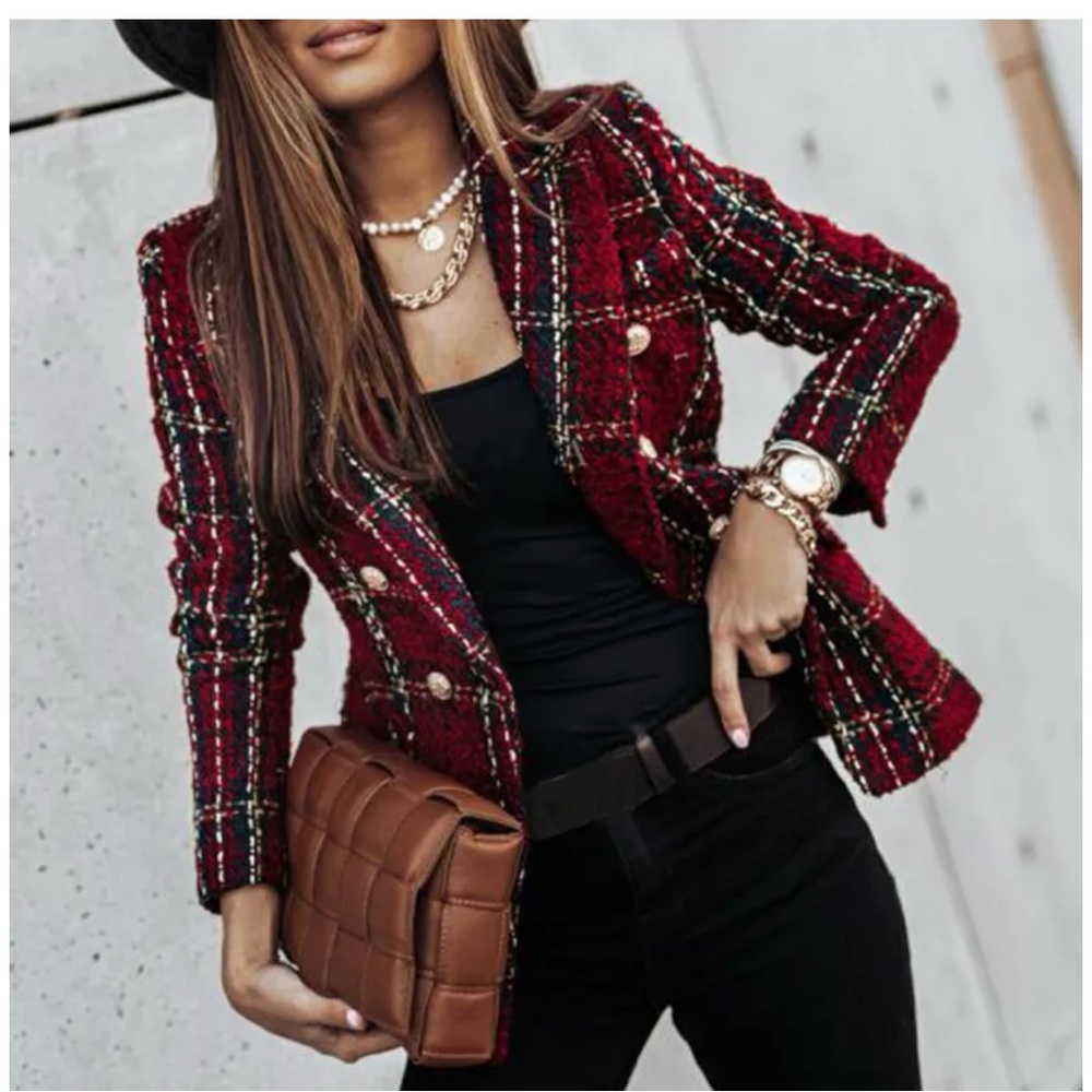 Women's Long Sleeve Plaid Blazer Jacket